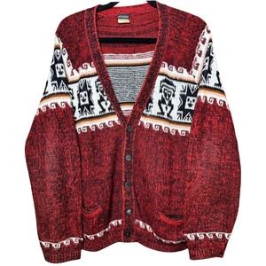 Vintage Aztec Tribal Hand Woven Wool Blend Cardigan Sweater Red Ecuador Navajo